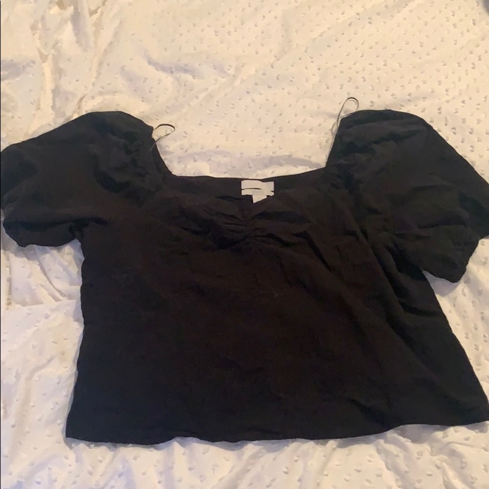 H&M linen blend sweetheart neck top puff sleeve